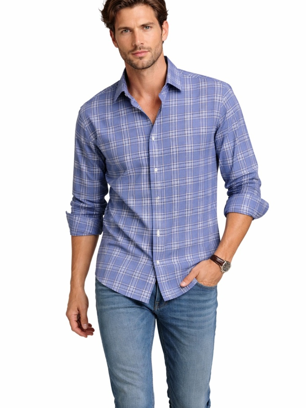 Neiman Marcus Mens‎ Trim Fit Blue Plaid Wrinkle Free Cotton Button Down Shirt 15
